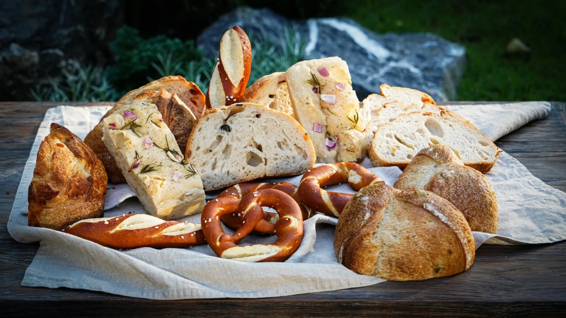 Dorle artisan sourdough bread and pretzels arranged together